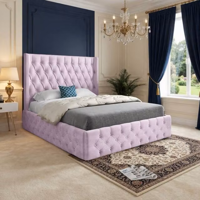 KDMD Verwood Winged Upholstered Pink Soft Velvet Designer Bed Frame, W/D/H: 137 x 120 x 83 cm – 1