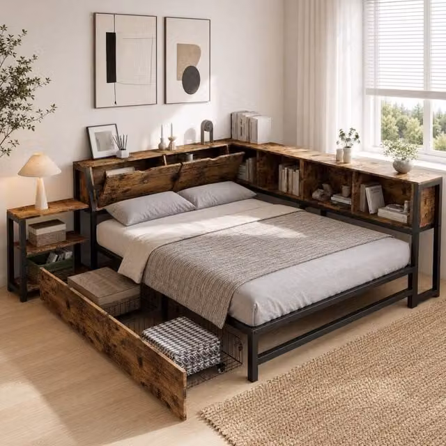 STILVORA Industrial Double Bed Frame with Storage Drawers in Rustic Brown and Black Metal, W/D/H: 140 x 200 x 135 cm