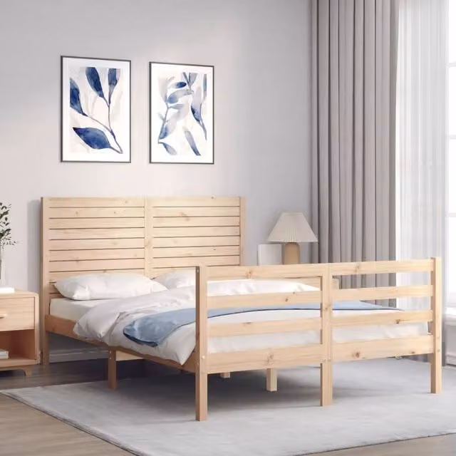 Berkfield Home Beautiful Solid Wood Bed Frame with Headboard in Beige, W/D/H: 140 x 190 cm – 1