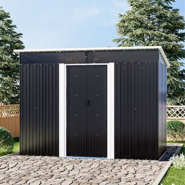 Livingandhome Black Metal Pent Garden Shed with Acrylic Skylight Windows, W/D/H: 260 x 194 x 205 cm