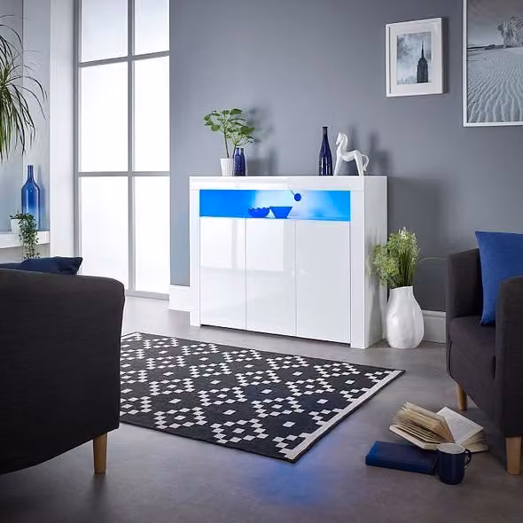 MMT Furniture Designs Moderna Sideboard Cabinet with Integrated LED Lighting, White, W: 116 cm, H: 93 cm, D: 35 cm – 1