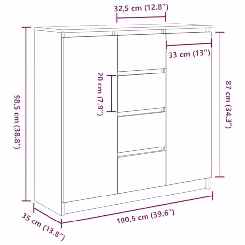 vidaXL Modern Sideboard with Drawers in Black, W: 100.5 cm, D: 35 cm, H: 98.5 cm – 3
