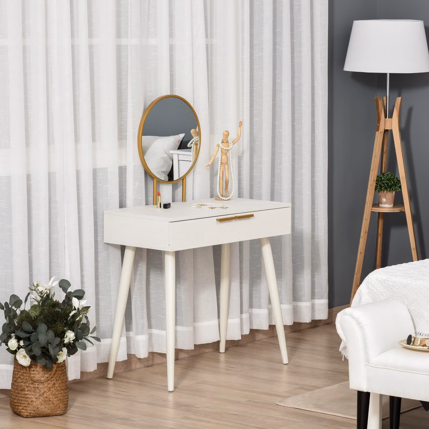 HOMCOM Modern Dressing Table with Round Mirror and 2 Drawers, White and Gold – 2