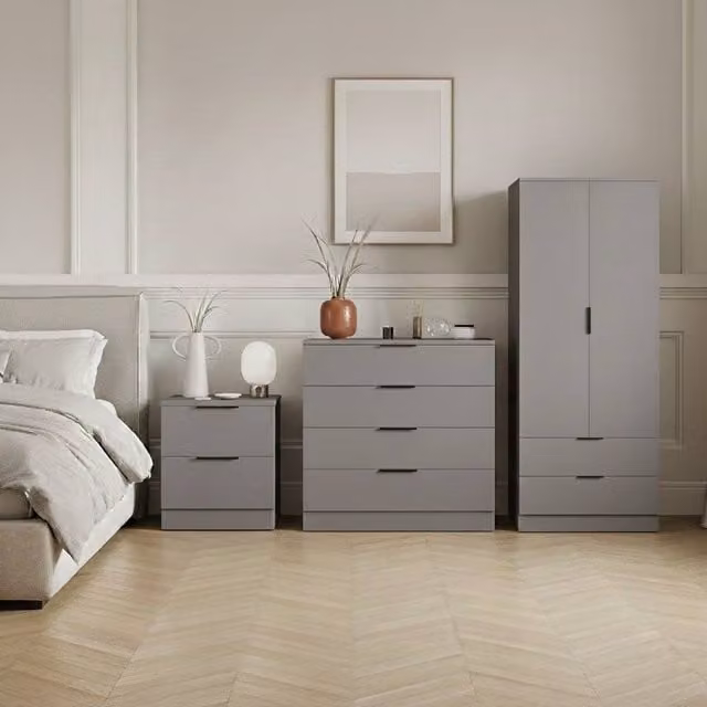 HD Designs Trega 3-Piece Grey Bedroom Set Including Wardrobe, 4-Drawer Chest and 2 Bedside Tables