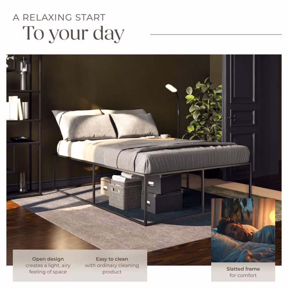 tectake Kyoto Double Bed Frame in Black with Wood Slats, W/D/H: 140 x 200 x 46.5 cm – 3