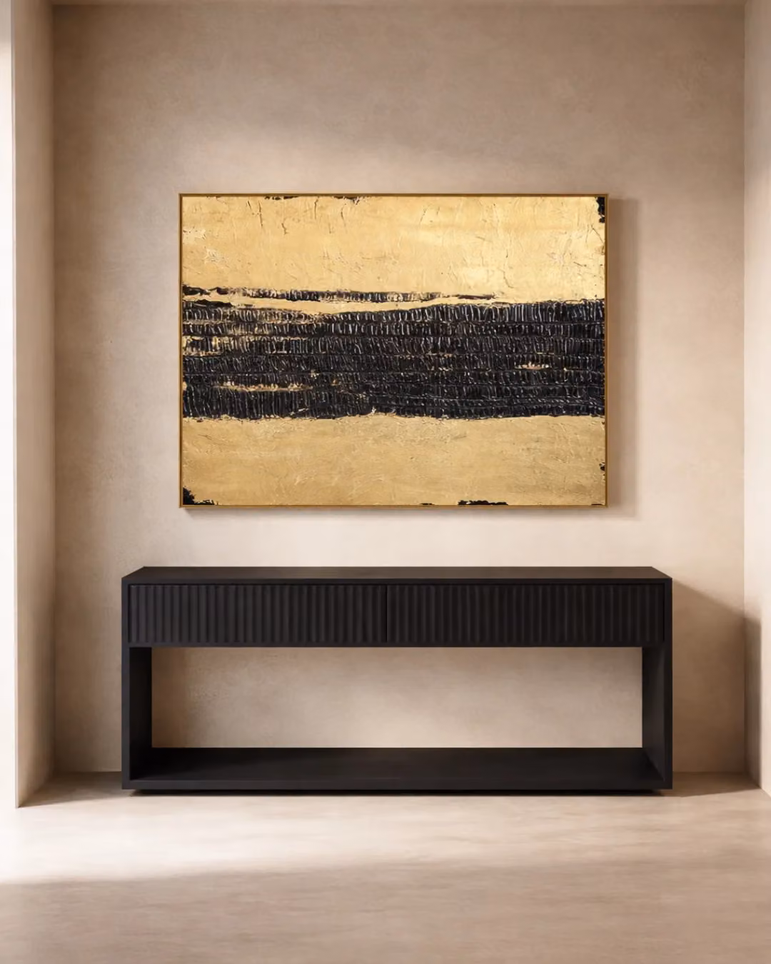 Boundless Wall Art by Tommy Franks, Abstract Modern Canvas Painting in Black and Gold, W: 120 cm, H: 120 cm