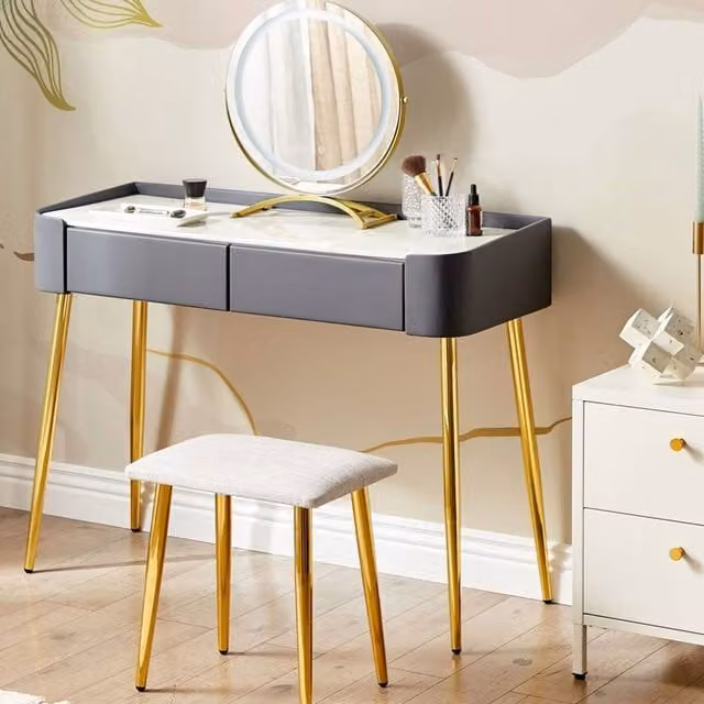 Wyld and Coco Grey and Gold Modern Dressing Table with LED Mirror and 2 Drawers