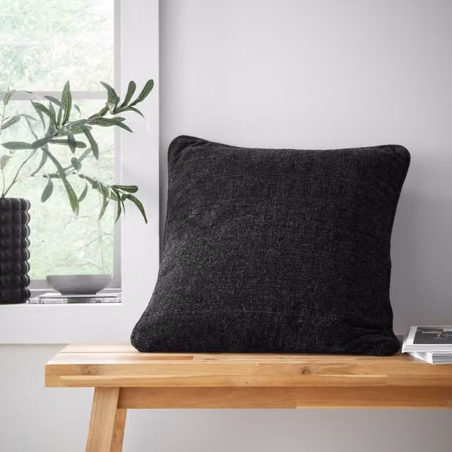 Catherine Lansfield Black Plain Chenille Square Filled Cushion W/D/H: 45 x 45 x 45 cm