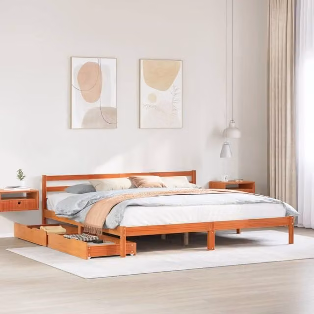 Berkfield Home Rustic Solid Wood Pine Bed Frame with Drawers, Wax Brown, 200 x 200 cm