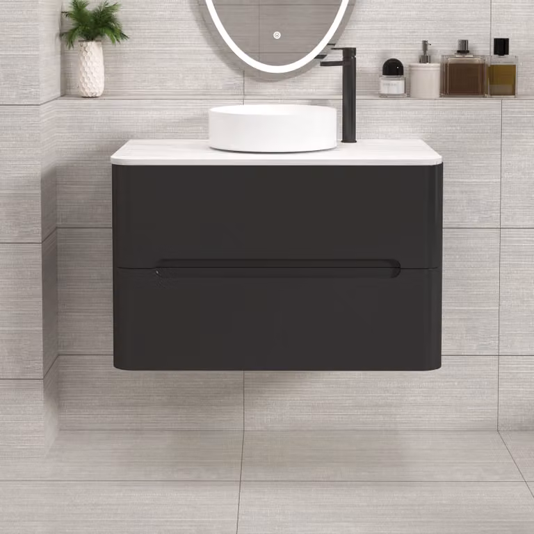 Royal Bathrooms Venice 800mm Matt Nocturne Black Wall Hung 2 Drawer Vanity Unit with Carrara White Undrilled Worktop