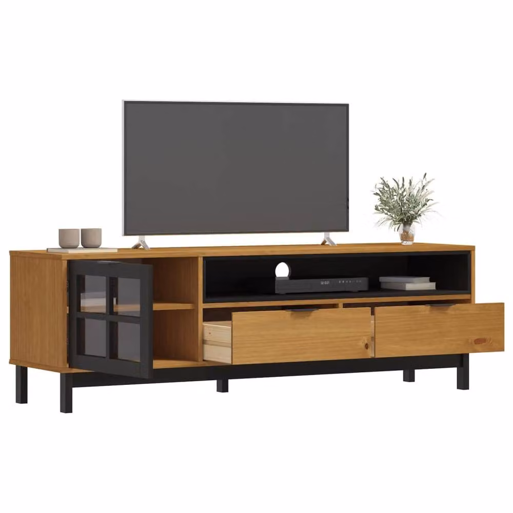 Berkfield Home FLAM TV Cabinet with Glass Door in Brown Solid Pine Wood, W/D/H: 158 x 40 x 50 cm – 3