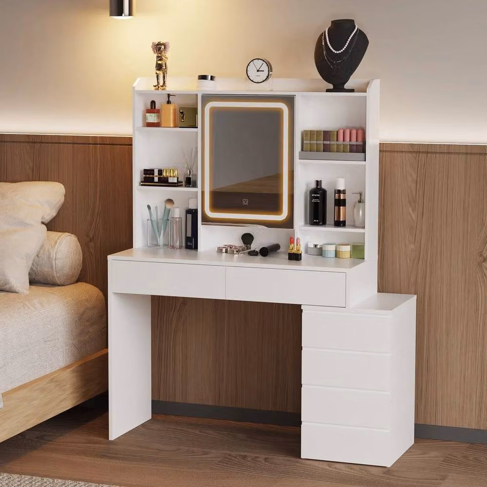 SPETLEK Dressing Table with 6 Drawers and LED Mirror Set in White – 2