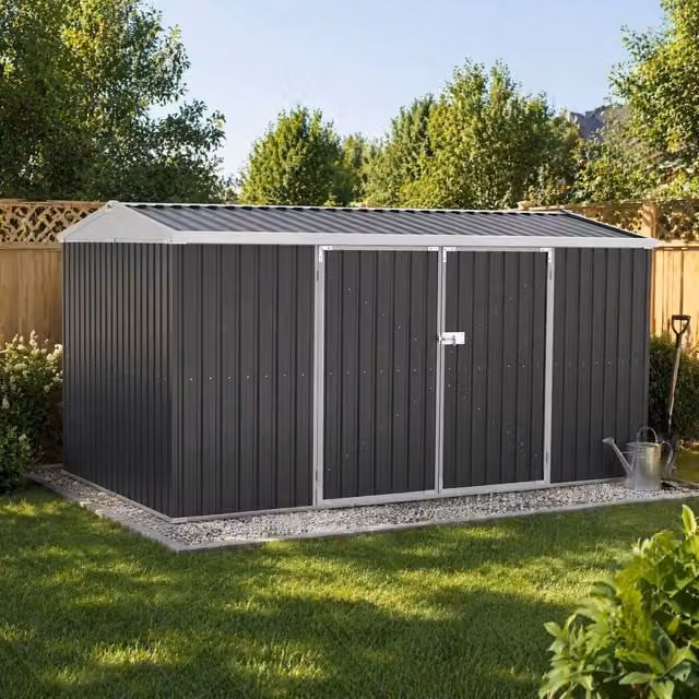 STILVORA Grey Galvanised Steel Garden Storage Shed with Lockable Double Doors and Window, W/D/H: 420 x 245 x 200 cm