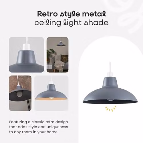 MiniSun Retro Style Matt Black Metal Dome Ceiling Light Shade, Shade Width: 28.8 cm – 2