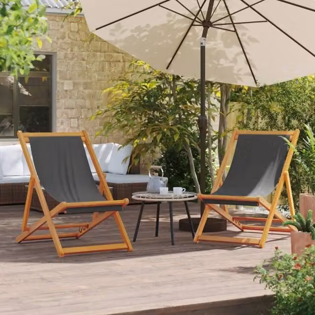 Berkfield Home Set of 2 Folding Beach Chairs in Grey UV-Resistant Fabric and Treated Hardwood
