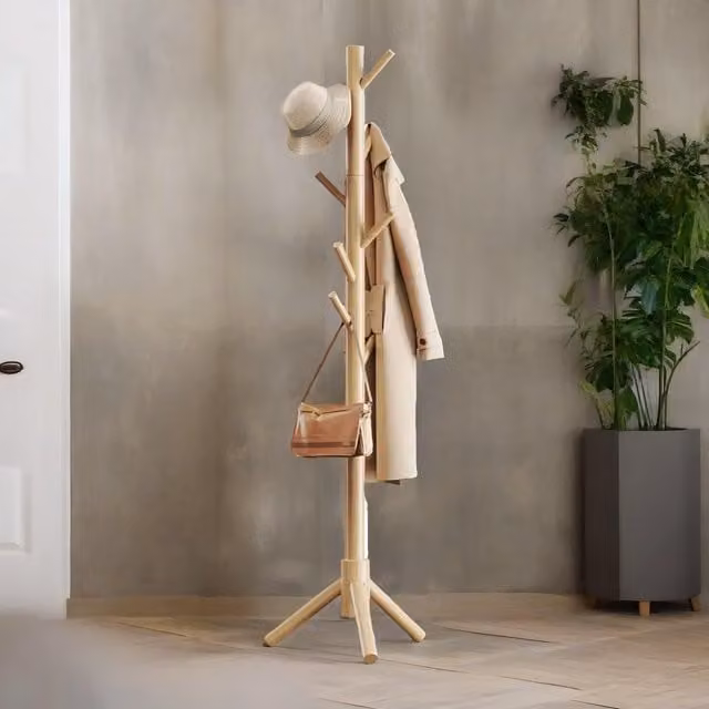 Pirlo Plush Wooden Coat Stand with 8 Hooks in Natural Brown and Beige, H 180 cm x W 40 cm x D 40 cm