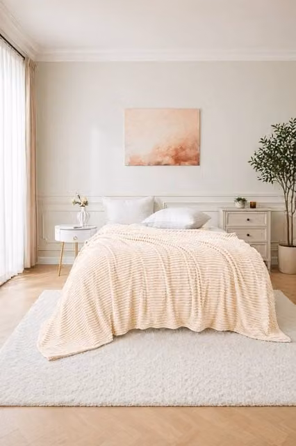 Dyzi Supersoft Ribbed Jacquard Fleece Throw Blanket in Cream, W/D: 200 x 240 cm – 1