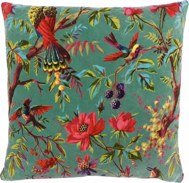 Paradise Floral Velvet Cushion in Blue and Multicolour Polyester