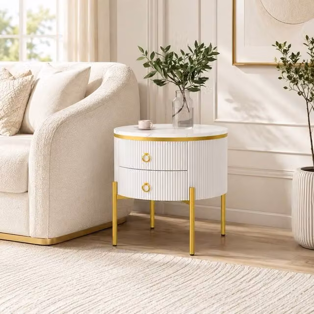 Merax Round Marble-Effect Sofa Side Table with 2 Drawers in White and Gold
