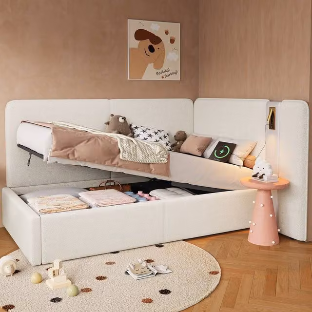 BTM Modern Upholstered Single Daybed with Lift-Up Storage, USB Charging Port and Integrated Reading Light, Beige, W/D/H: 190 x 90 x 87 cm