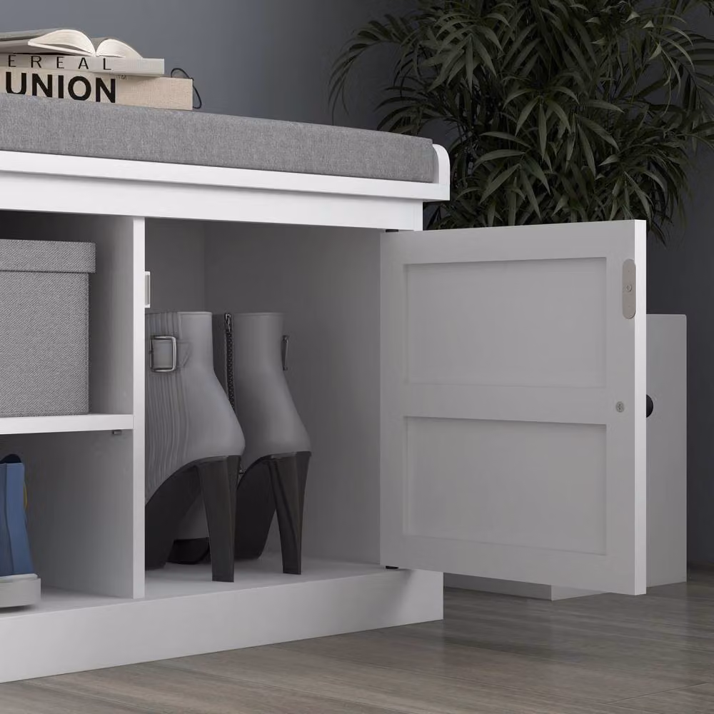 Wyld Haus Lire White Wooden Shoe Bench with Grey Fabric Cushioned Top, W: 105 cm, D: 35 cm, H: 47 cm – 5