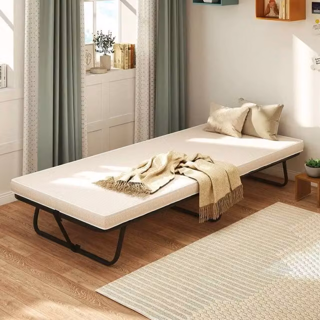 KORVIXA Single Folding Bed with Foam Mattress in Beige, W/D/H: 80 x 190 cm – 1