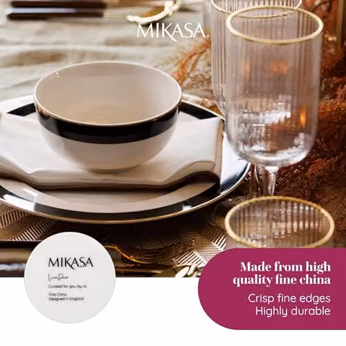 Mikasa Luxe Deco 4-Piece Bone China Dinner Plate Set in White and Gold with Geometric Design, Diameter: 28 cm – 2