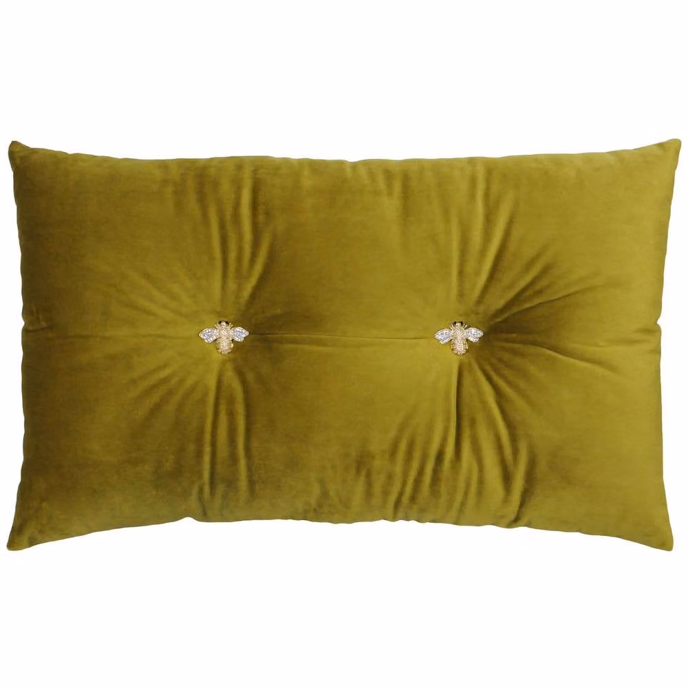 Paoletti Bumble Bee Embroidered Velvet Ready Filled Rectangular Cushion in Green, W: 50 cm, H: 30 cm – 2