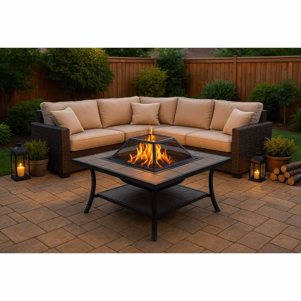 Centurion Supports SHANGO Multi-Functional Black Square Fire Pit Table with Ceramic Tiles – 8