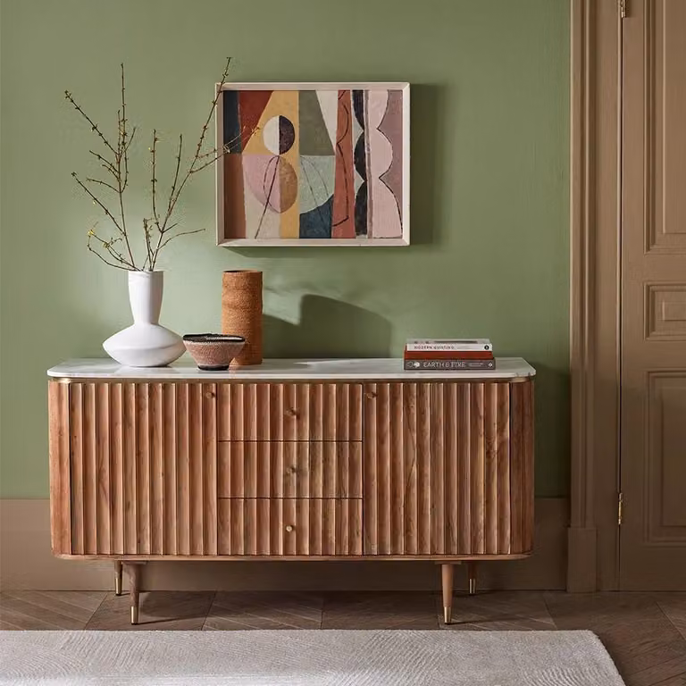 Atkin and Thyme Flute Marble Sideboard in Natural Acacia Wood and Stone