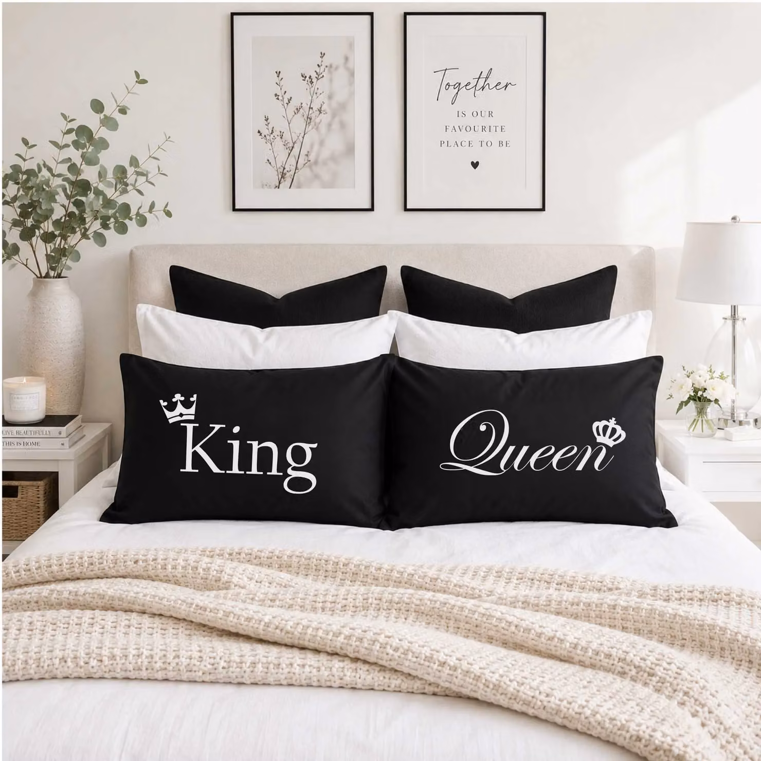 60 SECOND MAKEOVER King and Queen Crown Black Cotton Pillowcases – 2
