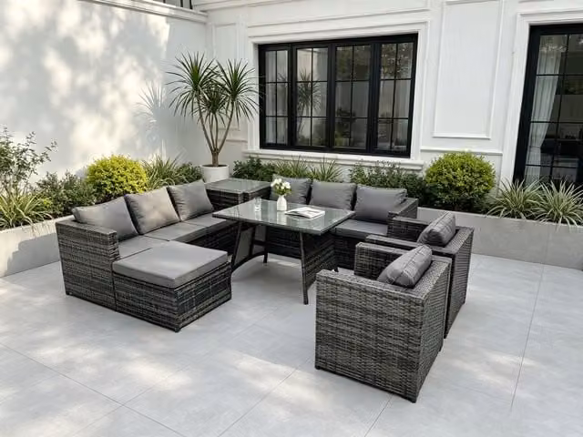 Fimous 9 Seater Wicker Rattan Outdoor Lounge and Dining Set with Table and 2 Armchairs in Dark Grey – 1