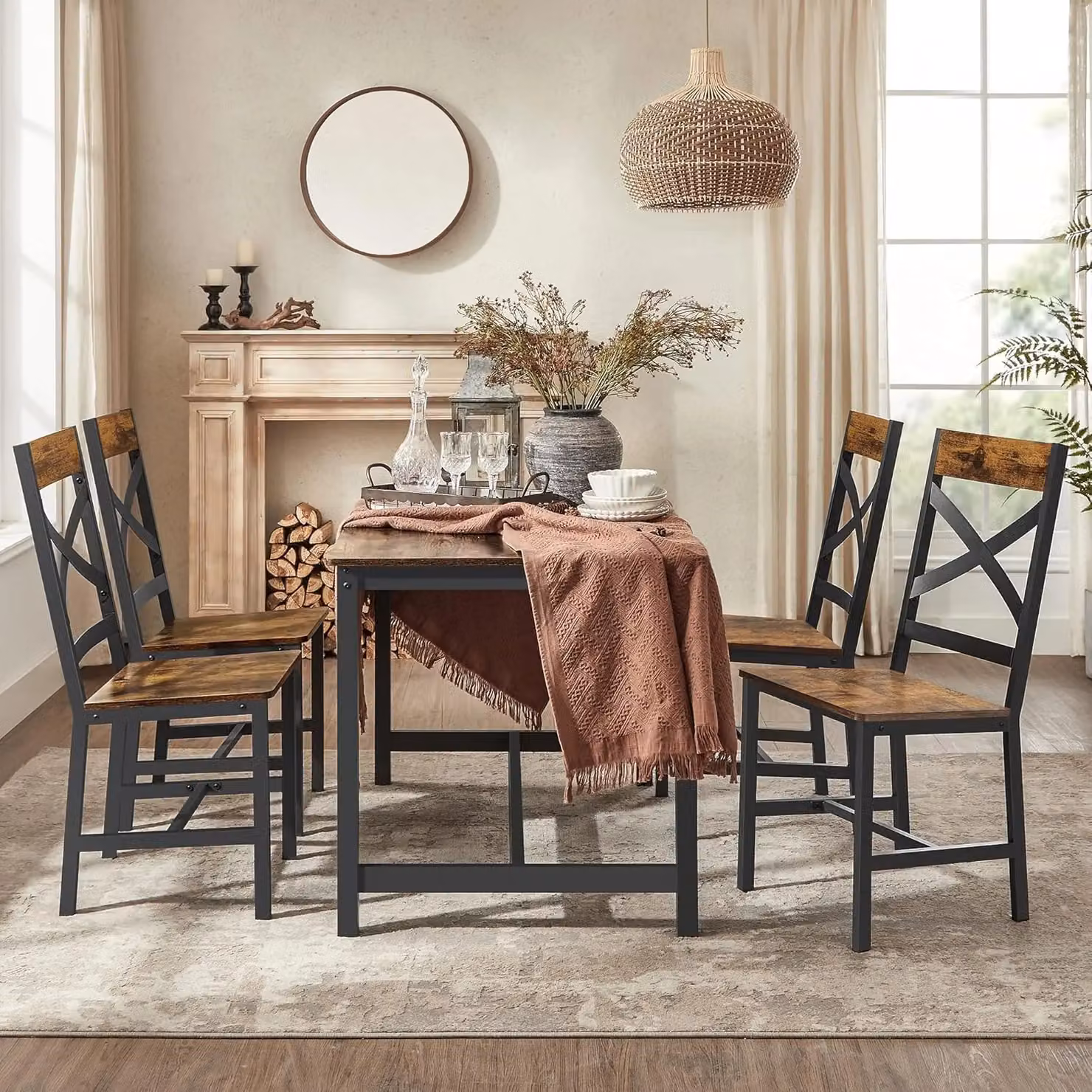 VASAGLE Set of 2 Industrial Ergonomic Dining Chairs with Steel and Wood Frame in Brown – 2