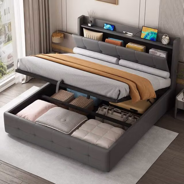 BTM Grey Ottoman Bed Frame with USB Charging Port, Integrated Reading Light and Under-Bed LED Lighting, W/D/H: 140 x 200 cm – 1