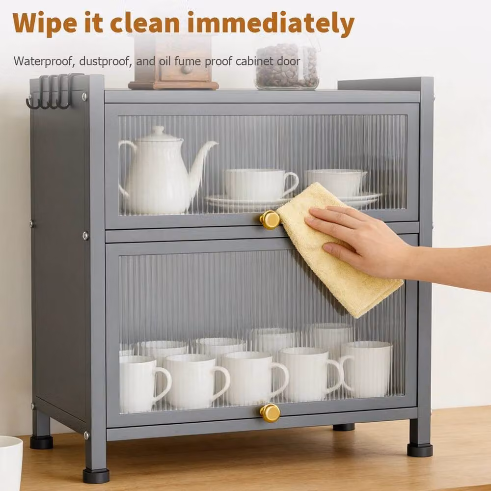KORVIXA 3 Tier Spice Rack with Doors Countertop Condiment Storage Cabinet, Grey, W: 100 cm, D: 60 cm, H: 100 cm – 4