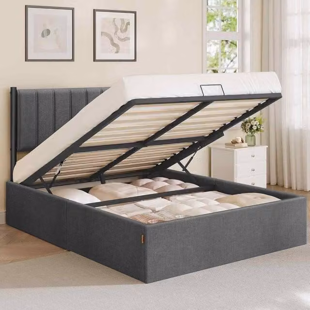 The Bazaarist Double Ottoman Bed with Lift Up Storage, Grey Upholstered Fabric, W/D/H: 140 x 200 cm