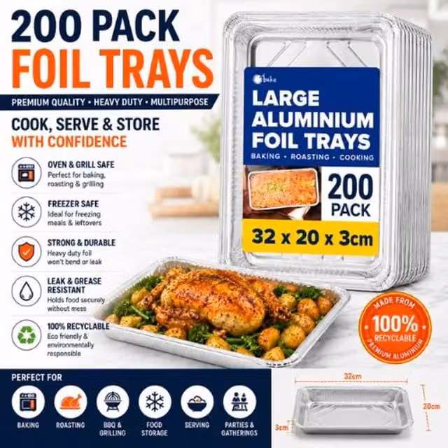 ebake Silver Uncoated Aluminium Foil Rectangular Roasting Trays, 200 Pieces