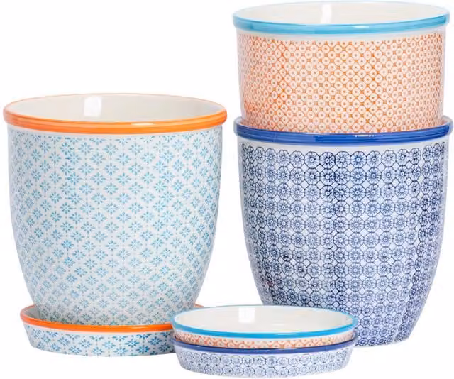 Nicola Spring Set of 3 Hand-Printed Ceramic Plant Pots with Saucers, Multicolour and White