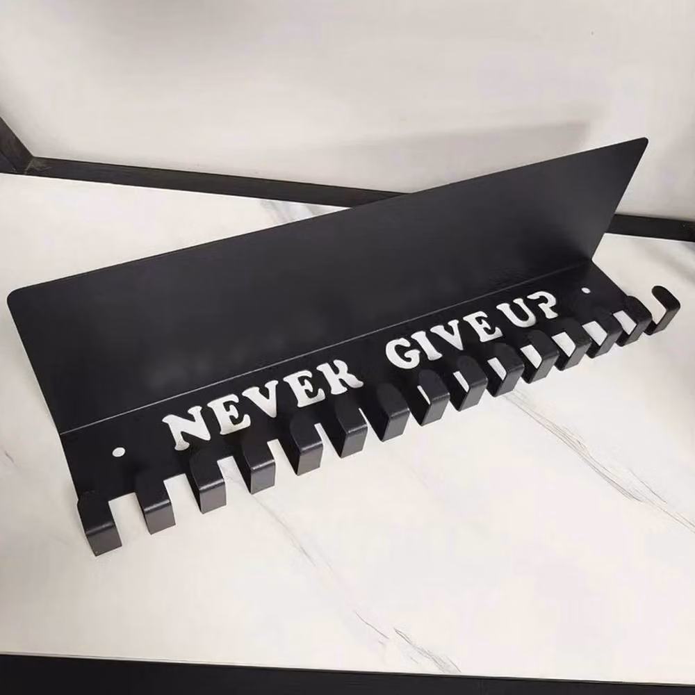 FLAVORA Black Metal Wall Mounted Medal and Trophy Display Rack with Shelf – 6