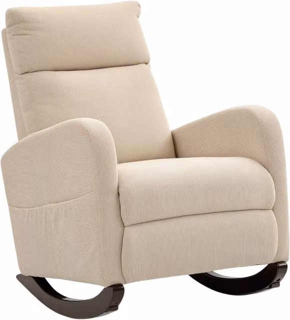 PAWNORA Modern High Back Corduroy Leisure Rocking Chair in Beige
