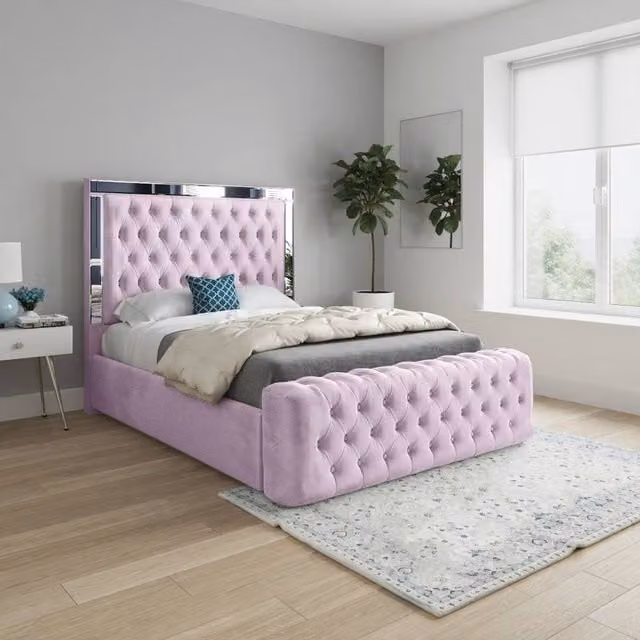 Casani Ludgershall Single Velvet Upholstered Bed Frame in Pink with Silver Mirror Details, W/D/H: 90 x 200 x 83 cm – 1