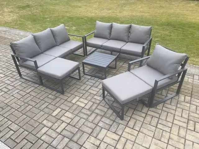 Fimous Modern L-Shape Aluminium Outdoor Lounge Sofa Set in Dark Grey with Coffee Table and Two Ottomans