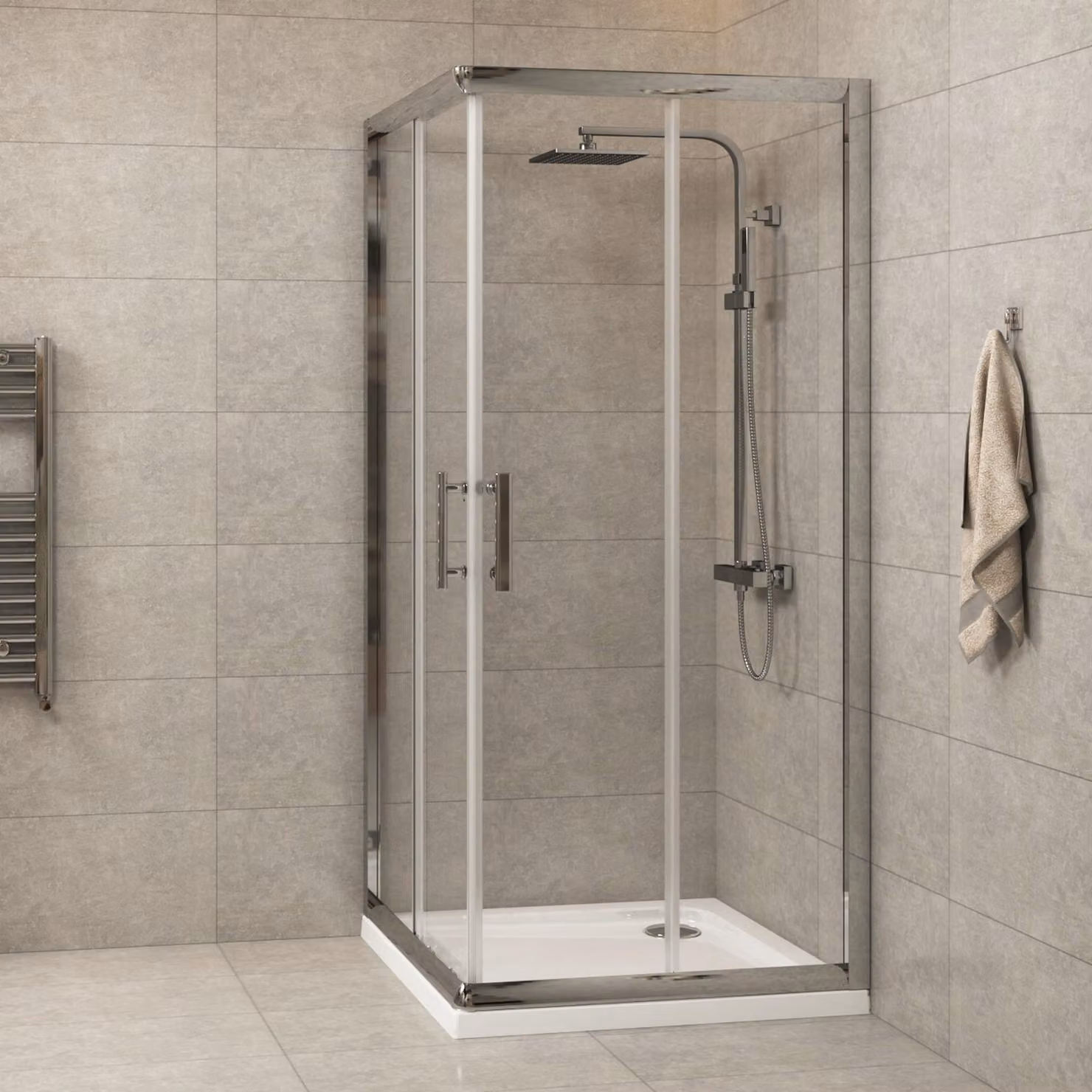 Royal Bathrooms Plaza Square Corner Entry Shower Enclosure with Pearlstone Tray, Sliding Door, Silver and Transparent, W: 76 cm x D: 76 cm