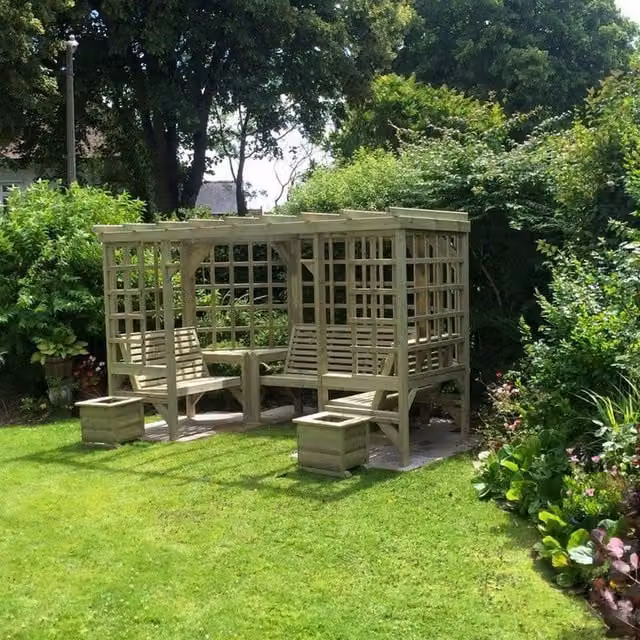 Churnet Valley Garden Furniture Ltd Riviera L-Shape Corner Arbour Pergola with Cushions in Brown