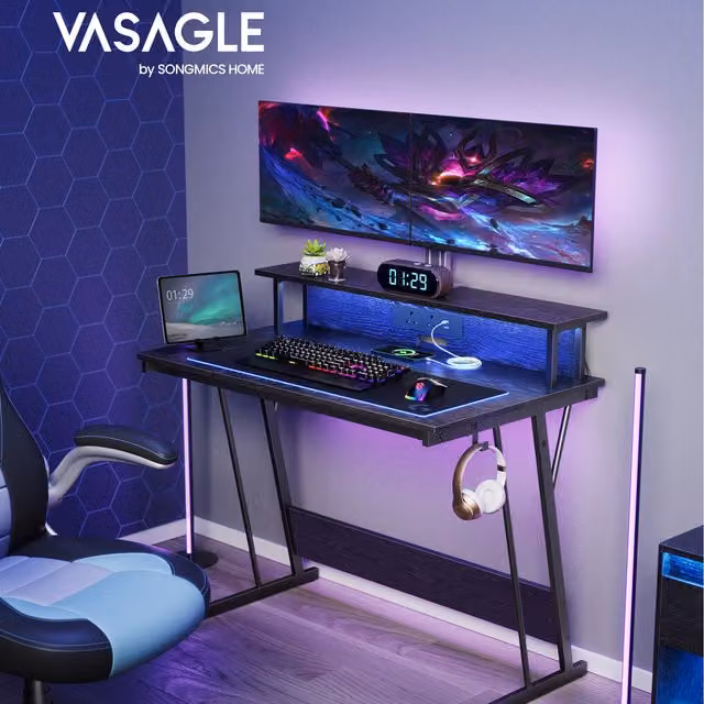 VASAGLE Modern Black Gaming Desk with LED Lights and Power Outlets