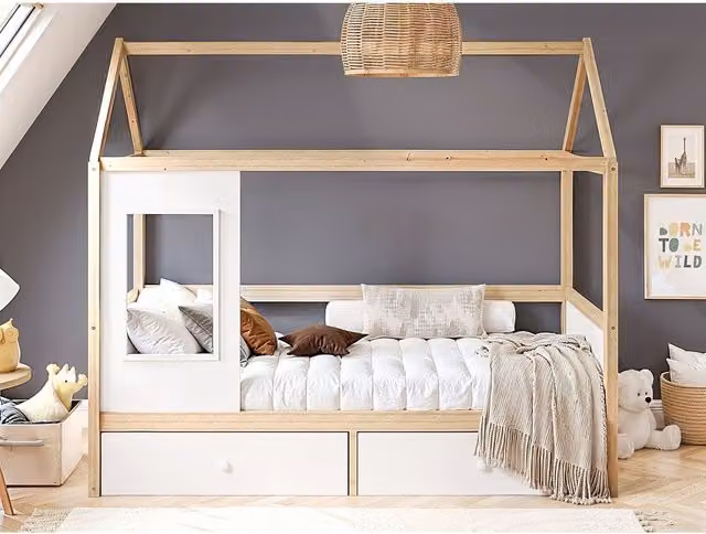Flair Ted Play House Solid Wood Childrens Bed with Storage Drawers in White, W/D/H: 90 x 190 x 96 cm