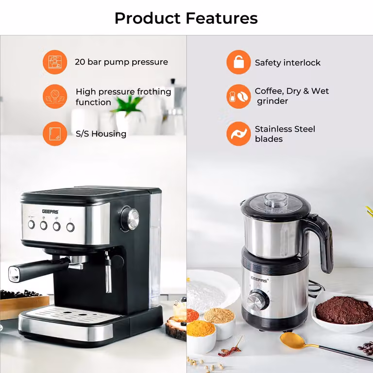 Geepas Espresso and Cappuccino Coffee Machine with 20 Bar Pressure and 450W Coffee Grinder Combo Set in Metallic Silver