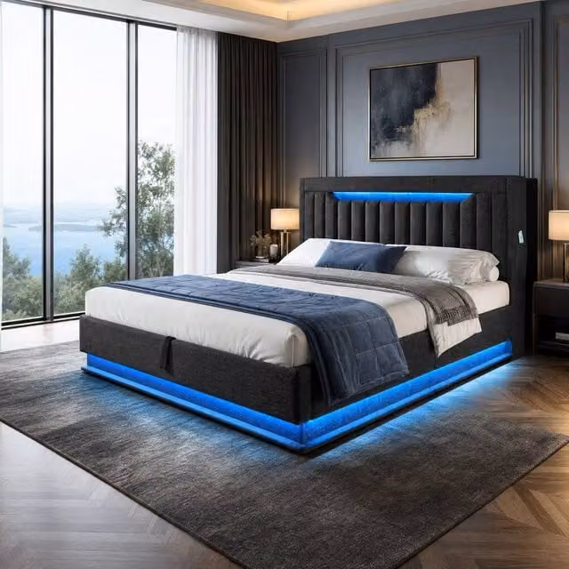 STILVORA King Size Bed Frame in Grey with LED Lighting, USB Charging Ports, Bedside Shelves and Lift-Up Storage W/D/H: 150 x 200 x 30 cm