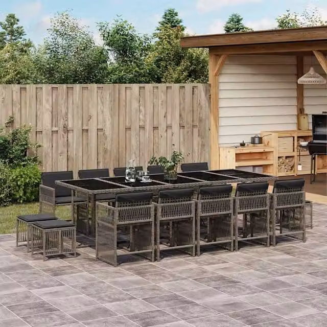 Berkfield Home 15 Piece Grey Poly Rattan Garden Dining Set with Cushions and Glass Tabletop – 1