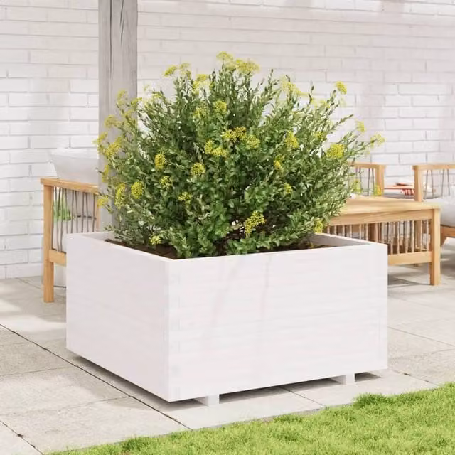 Berkfield Home Beautiful Garden Planter in White, Solid Wood, W/D/H: 90 x 90 x 49.5 cm